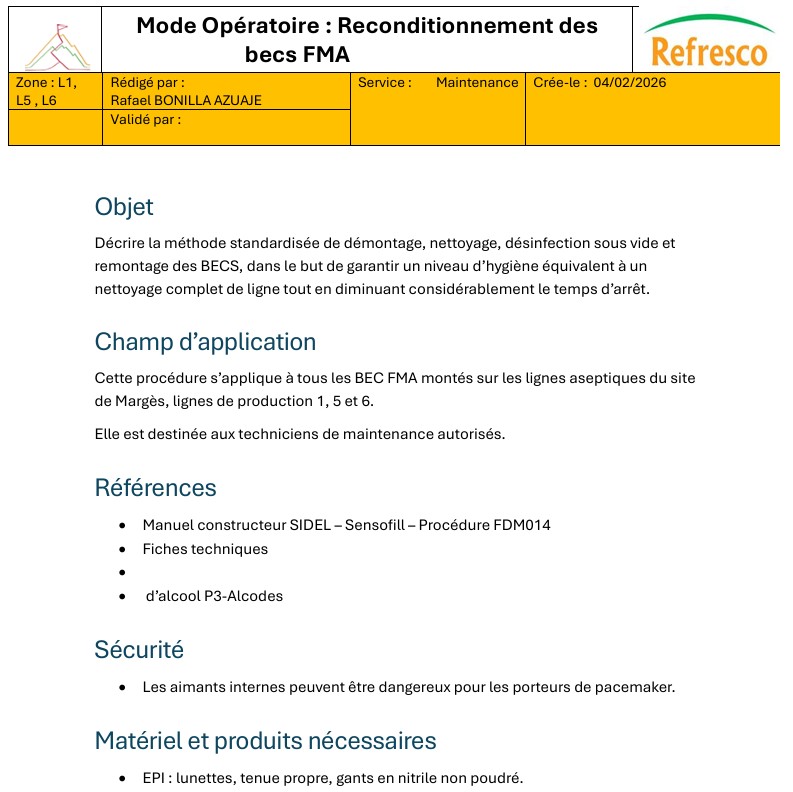 Extrait du mode opératoire de maintenance BEC FMA